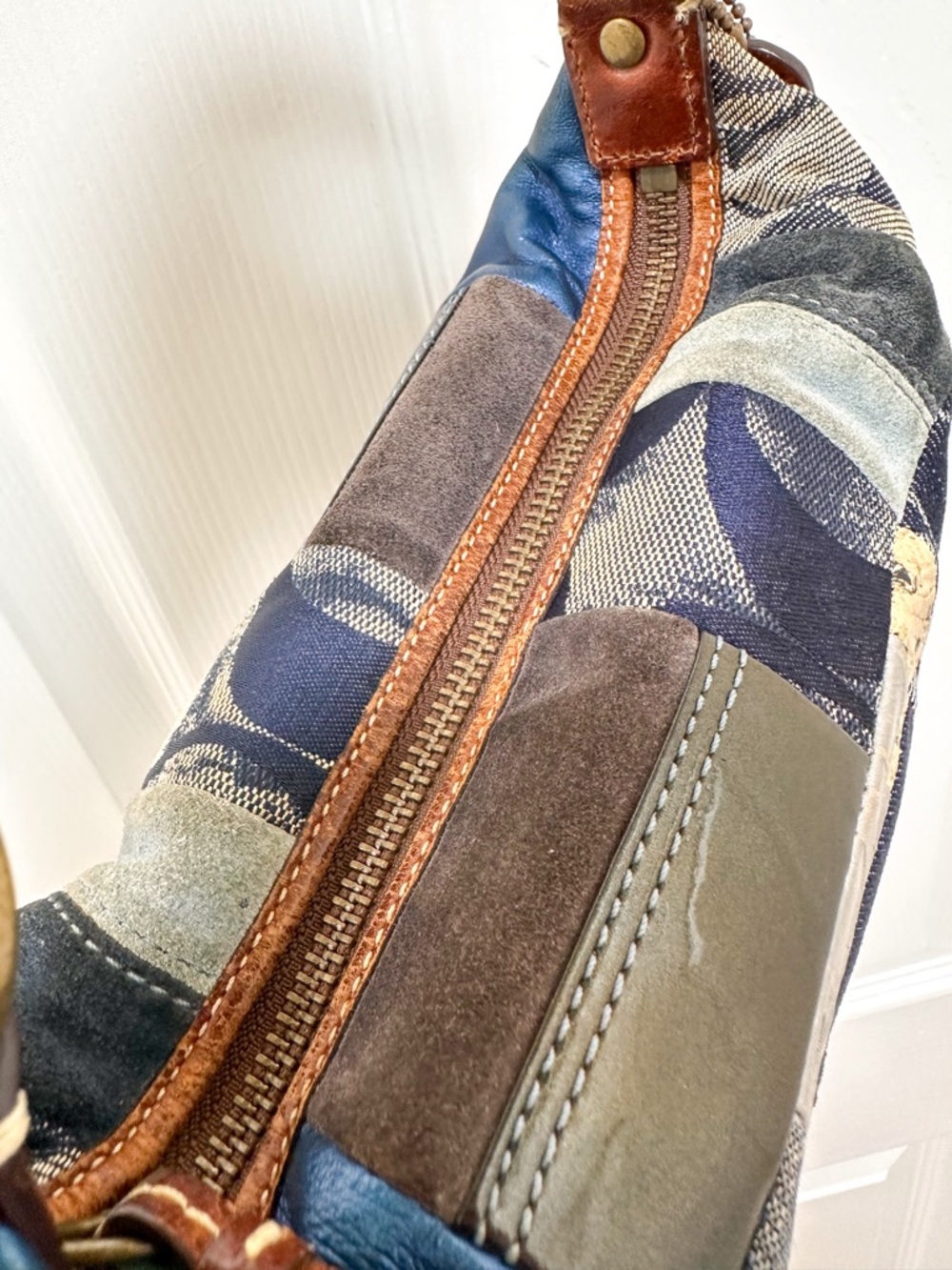 Coach Denim Patchwork Demi Bag Blue Multi Leather Trim Baguette Vintage Y2K - Picture 13 of 14